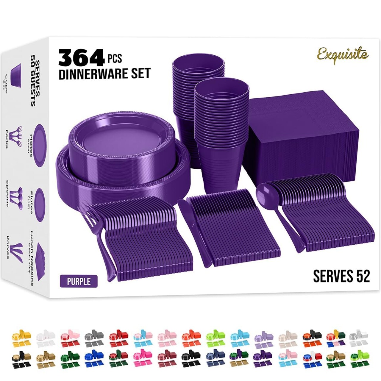 Exquisite 350 Pcs Plastic Plates for Party – Disposable Plates Set – 50 Each of 9" Dinner Plates, 7" Dessert Plates, Plastic Cups, Napkins & Plastic Cutlery – Plastic Dinnerware by Party Solids